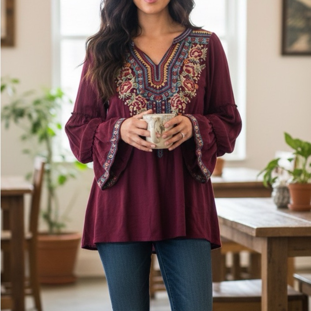 Savanna Jane Burgundy Top with Colorful Embroidery
